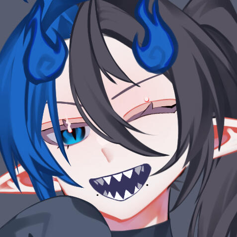 a close-up drawing of an anime character's face. they have black and blue hair framing their face. their eyes are blue. they have long elf ears, and two flames in place of horns on their forehead. they have a grinning expression, with their left eye winkin